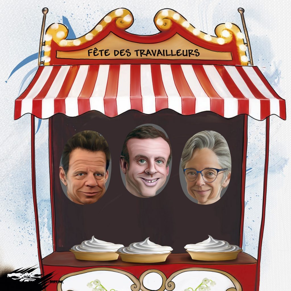 dessin presse humour 1er mai fête travail travailleurs image drôle Geoffroy Roux de Bézieux Élisabeth Borne Emmanuel Macron