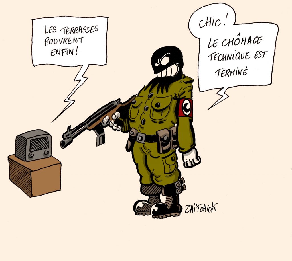 dessin presse humour coronavirus déconfinement image drôle réouverture terrasses terrorisme