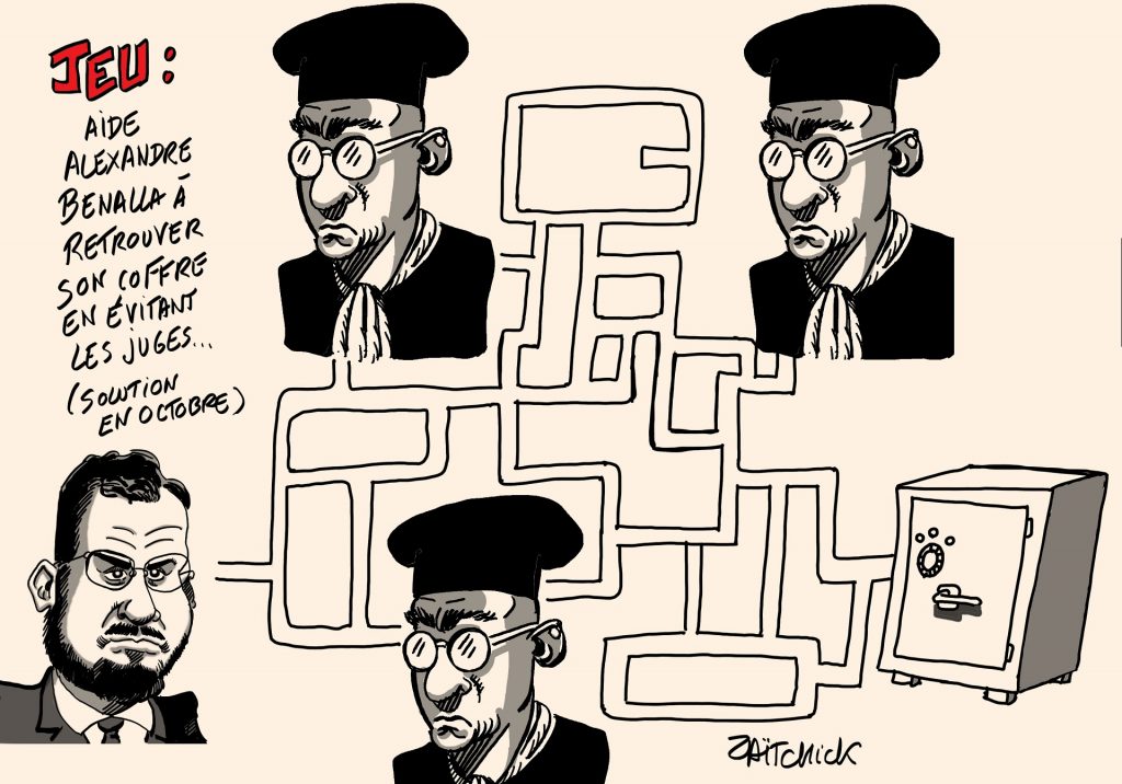 dessin presse humour Alexandre Benalla image drôle jeu labyrinthe juges coffre