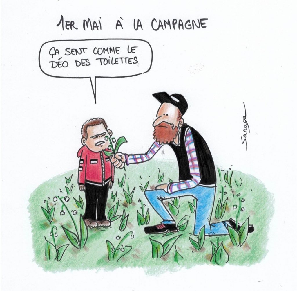 dessin presse humour 1er mai fête du travail campagne image drôle odeur brin muguet déo toilettes