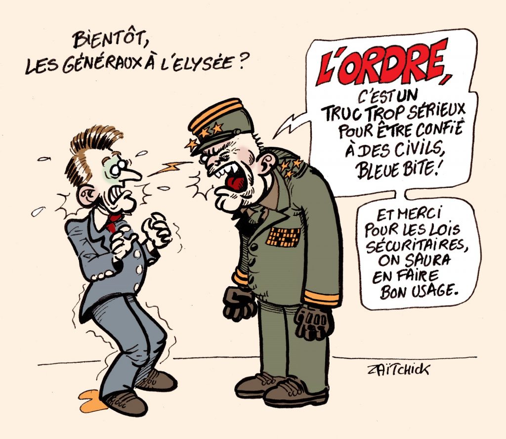 dessin presse humour tribune généraux Valeurs Actuelles image drôle armée militaires ordre Emmanuel Macron