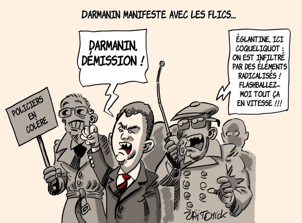 dessin presse humour Gérald Darmanin image drôle manifestation policier