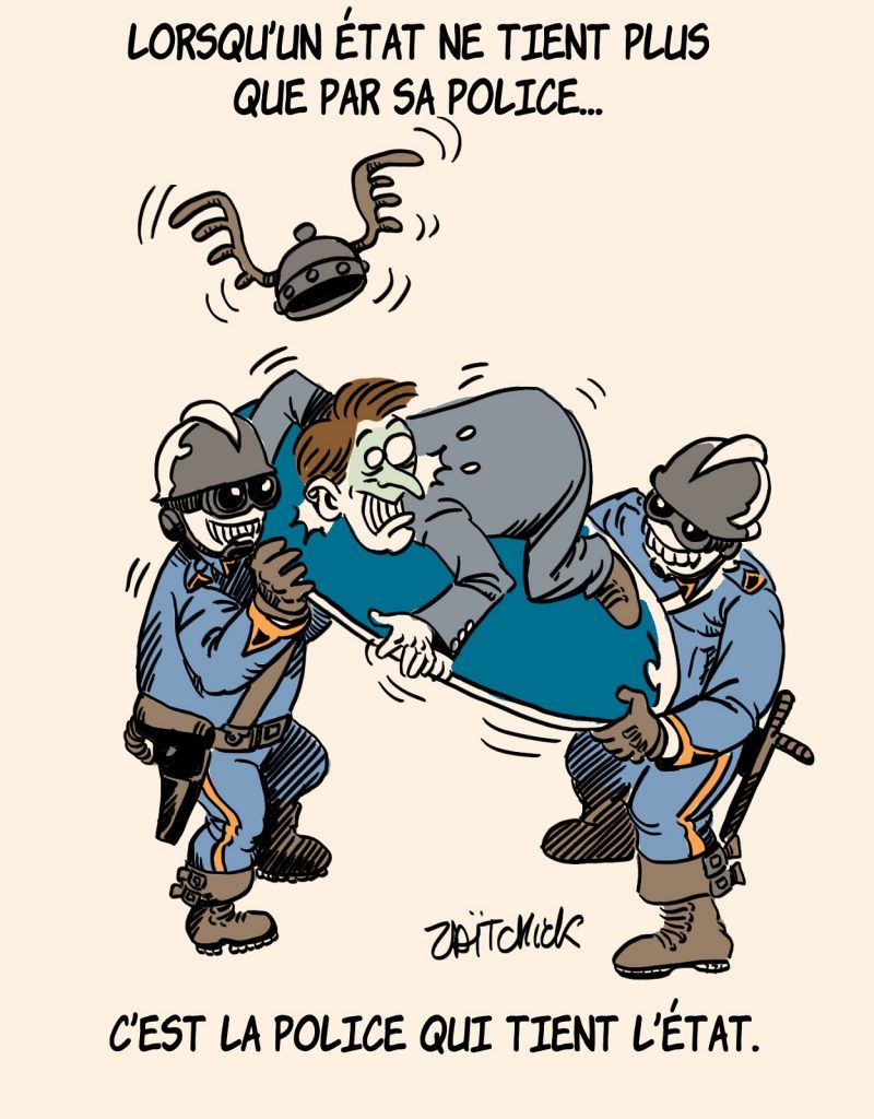 dessin presse humour Emmanuel Macron image drôle politique sécuritaire État policier