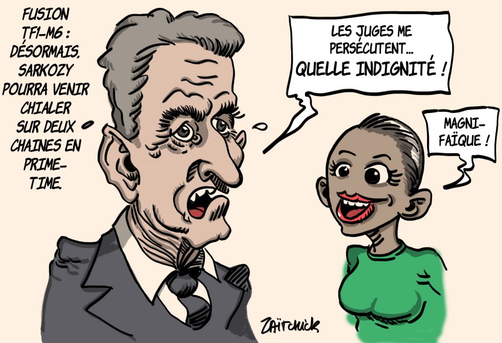 dessin presse humour Nicolas Sarkozy persécution image drôle fusion M6-TF1 prime-time