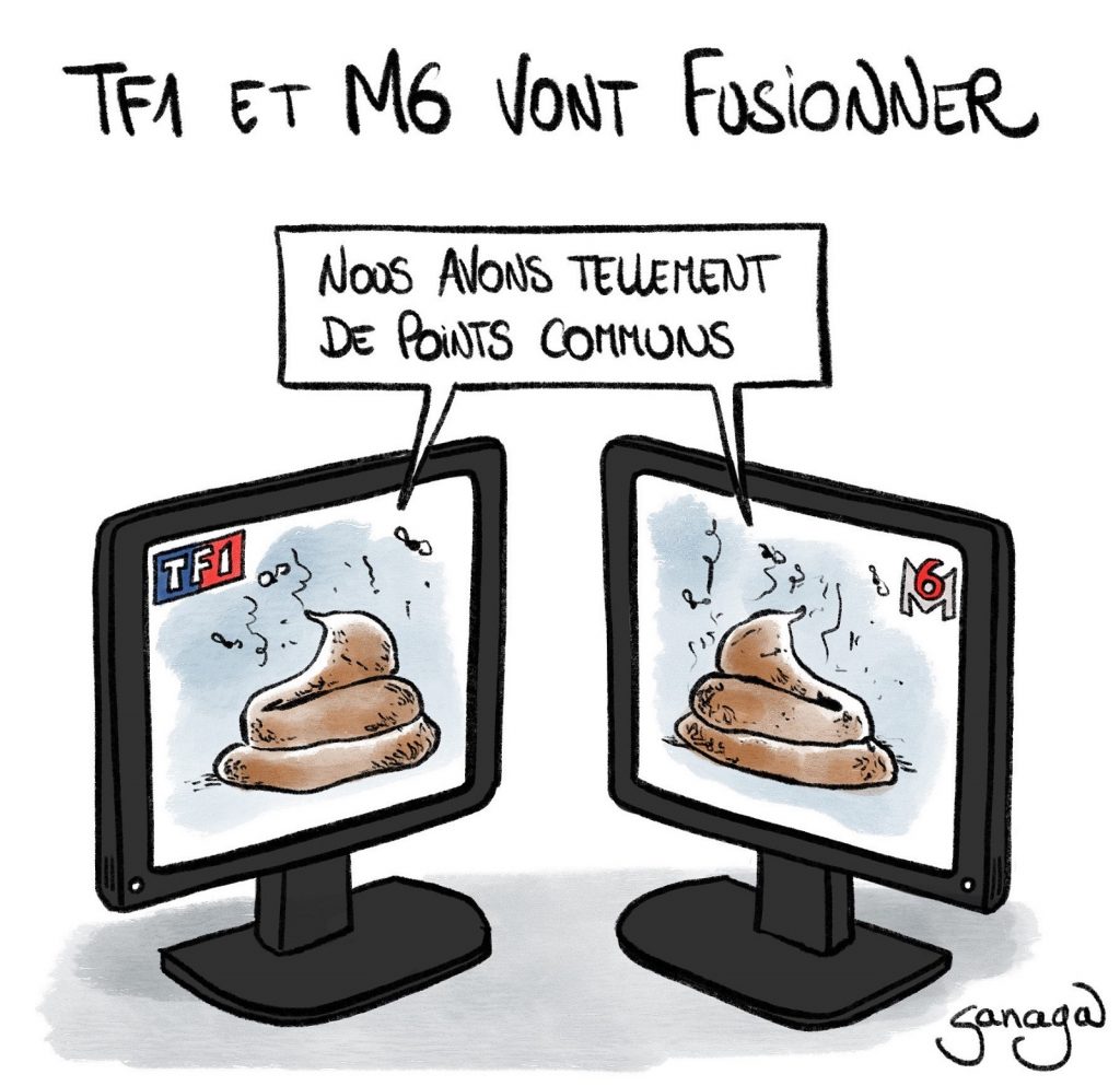 dessin presse humour télévision M6 TF1 image drôle télé poubelle fusion M6-TF1