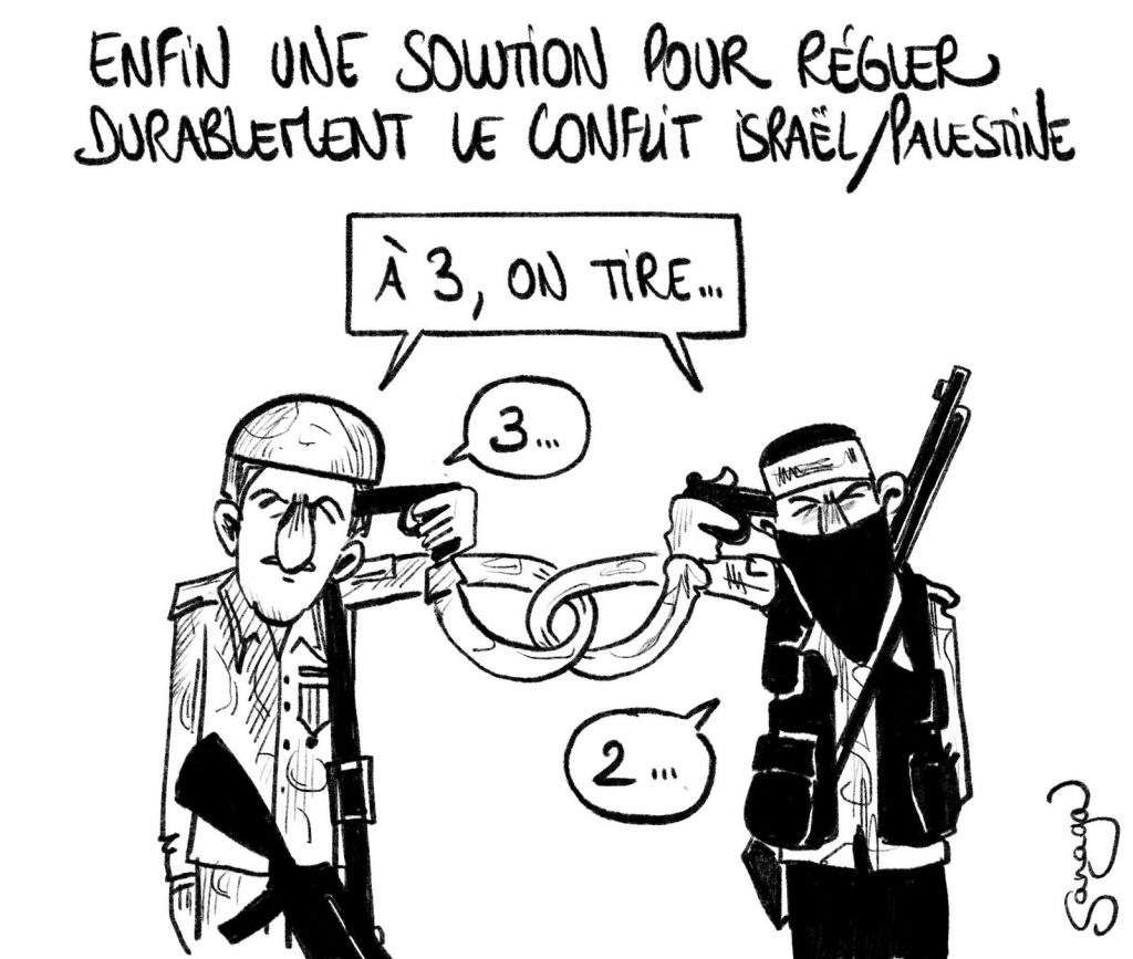 dessin presse humour conflit israélo-palestinien image drôle Israël Palestine résolution conflit suicide