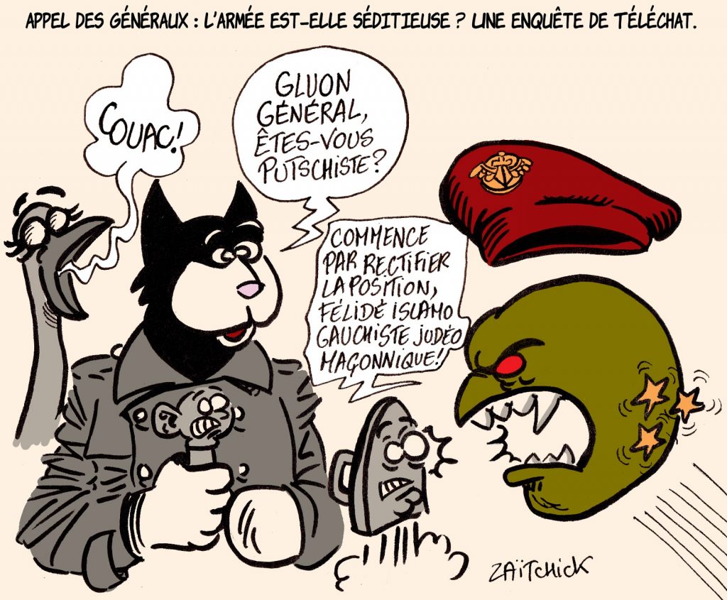 dessin presse humour tribune généraux Valeurs Actuelles image drôle retraités insécurité Téléchat gluon
