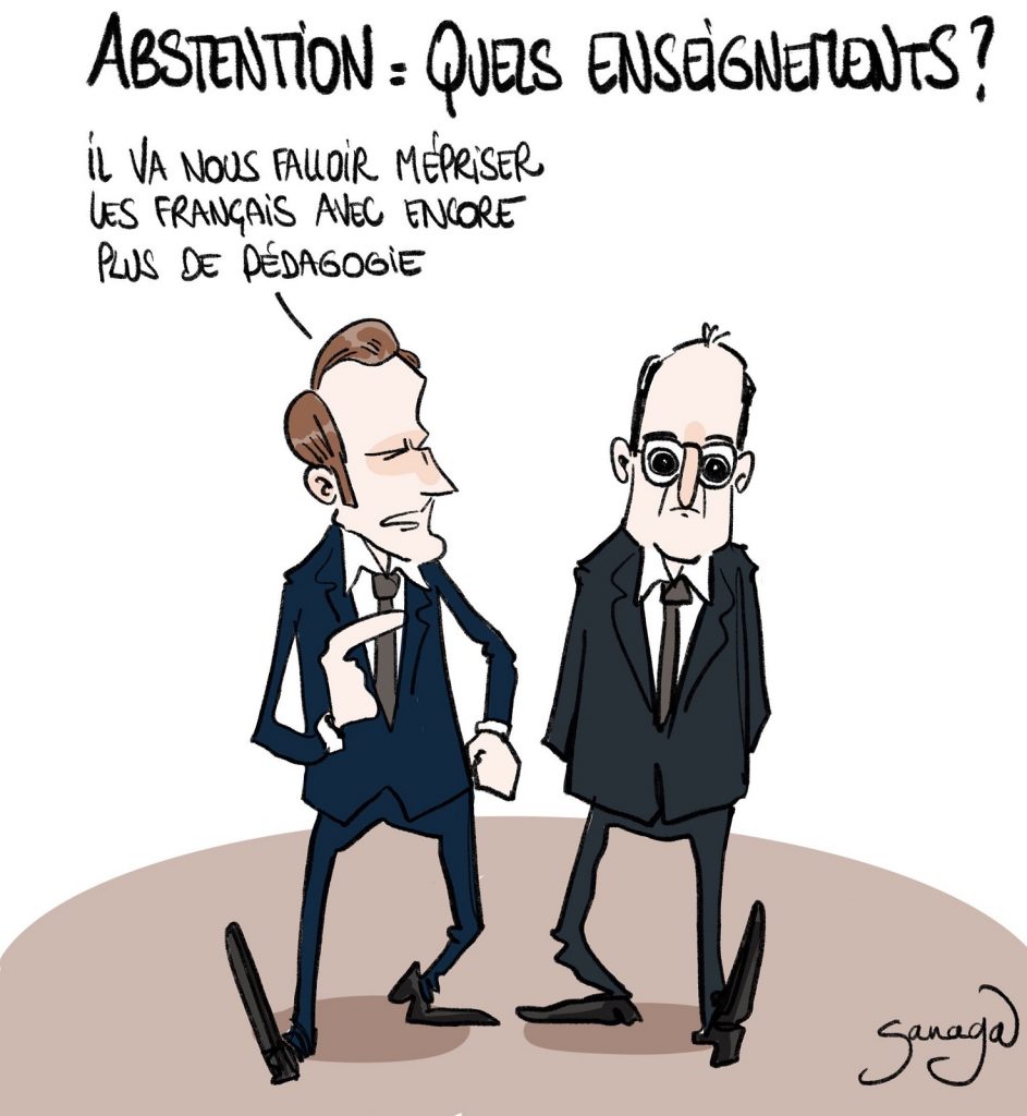 dessin presse humour élections régionales enseignements image drôle Emmanuel Macron mépris