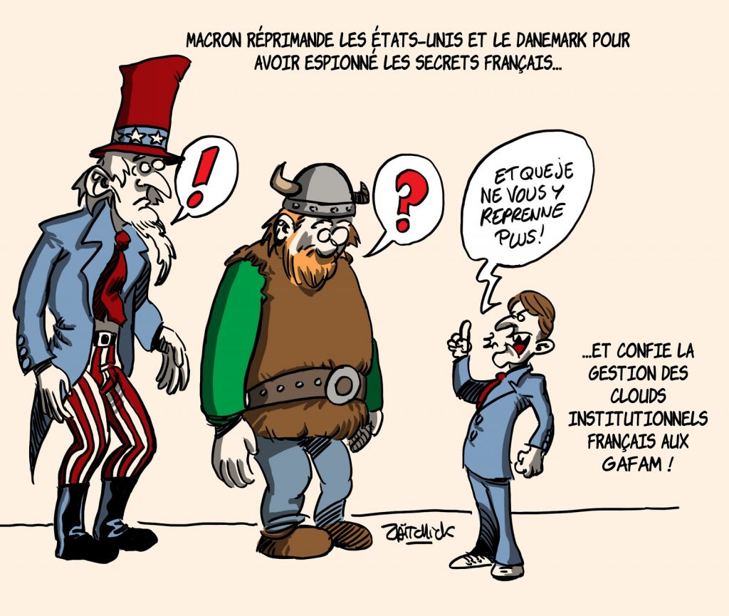 dessins humour Emmanuel Macron réprimande image drôle Danemark espionnage NSA États-Unis