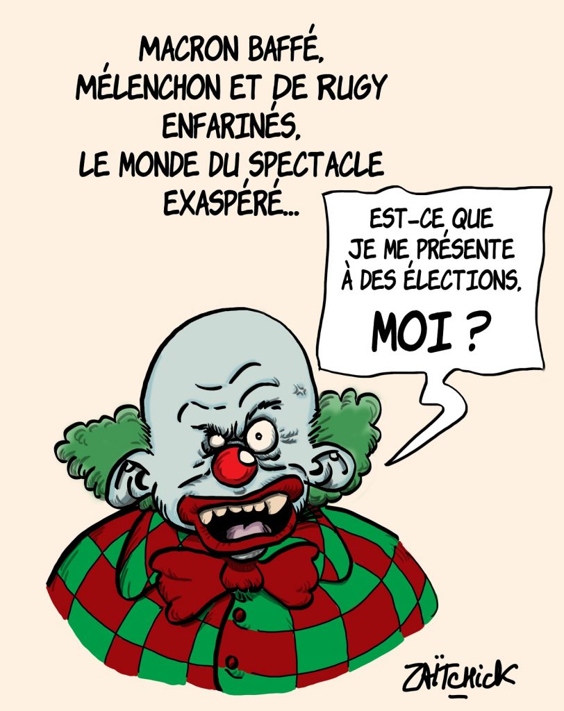 dessins humour baffe Emmanuel Macron image drôle Jean-Luc Mélenchon François de Rugy enfarinage clown