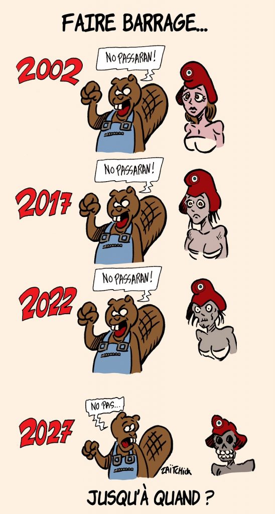 dessins humour Emmanuel Macron vote barrage image drôle Marine Le Pen élection présidentielle 2022