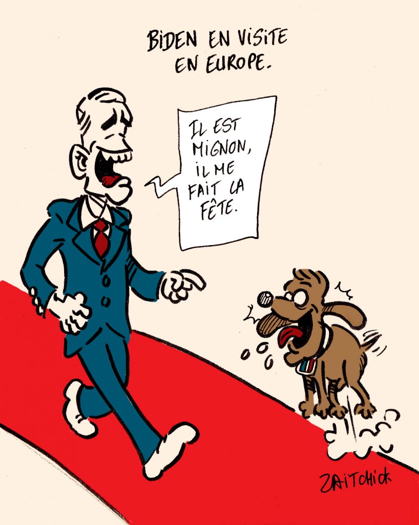 dessins humour Joe Biden visite europe image drôle Emmanuel Macron