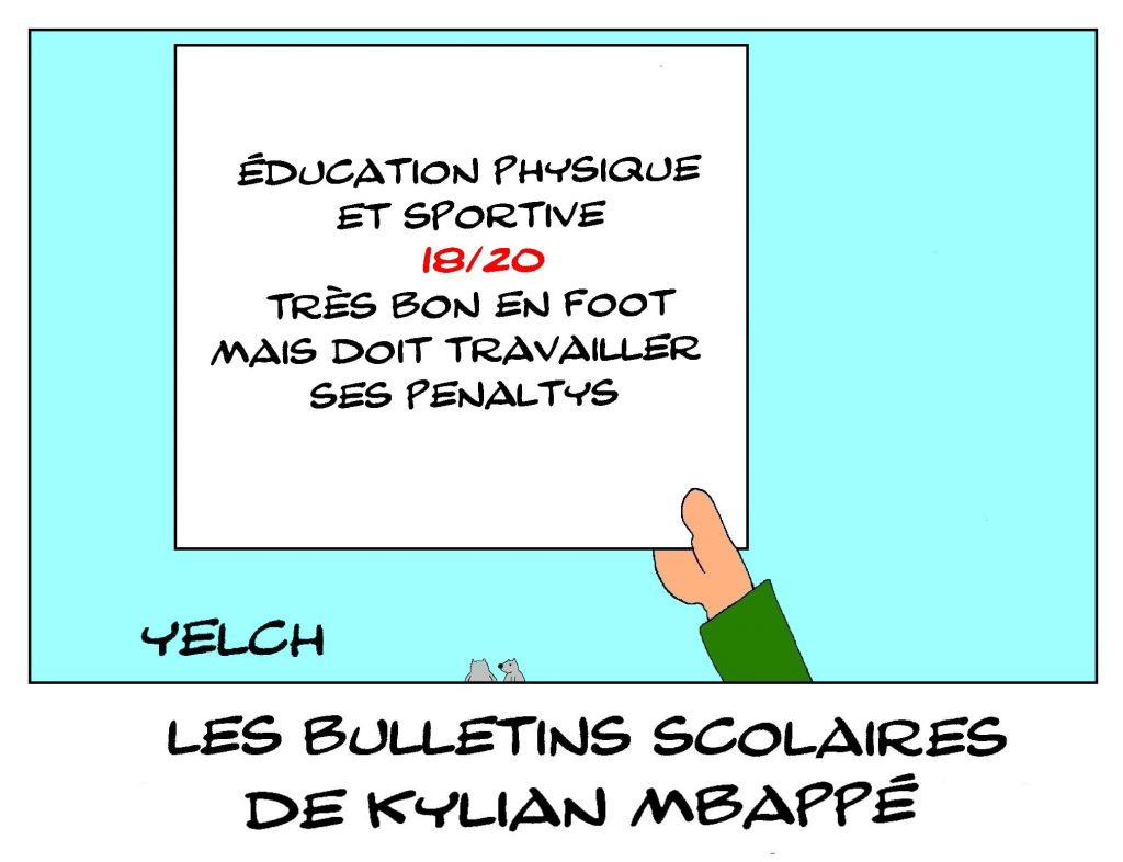 dessins humour Kylian Mbappé image drôle école notes bulletin scolaire éducation physique