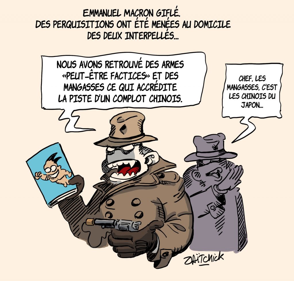 dessins humour gifle Emmanuel Macron Tain-l’Hermitage image drôle complot perquisition Damien Tarel