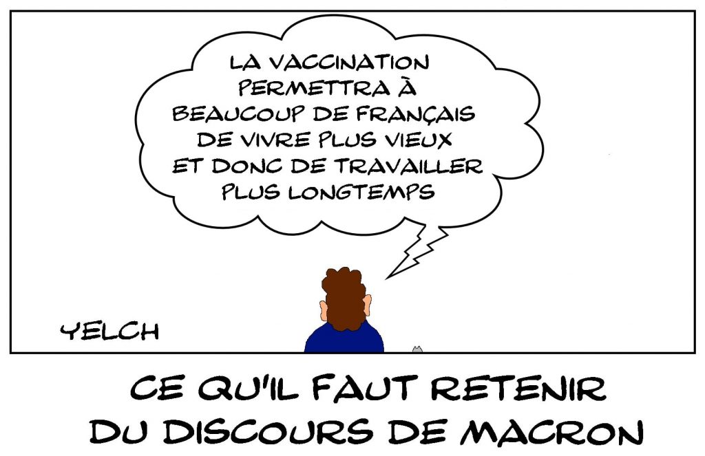dessins humour coronavirus covid 19 vaccination image drôle discours Emmanuel Macron travail