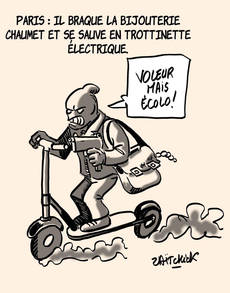 dessins humour Paris braquage bijouterie Chaumet image drôle fuite trottinette électrique