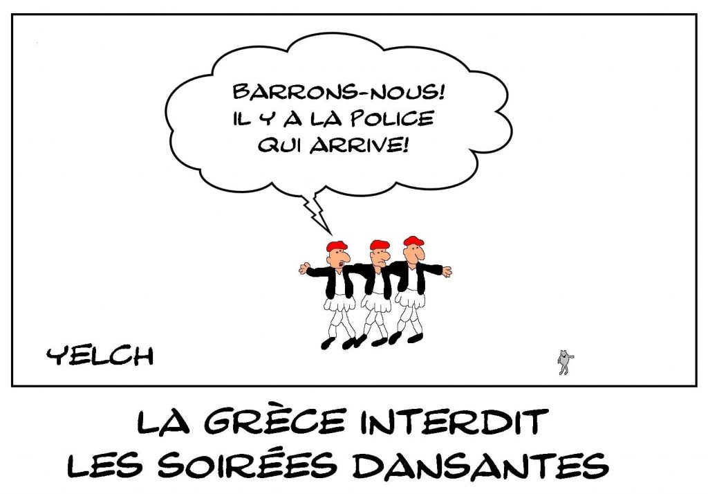 dessins humour coronavirus Grèce image drôle interdiction soirée dansante