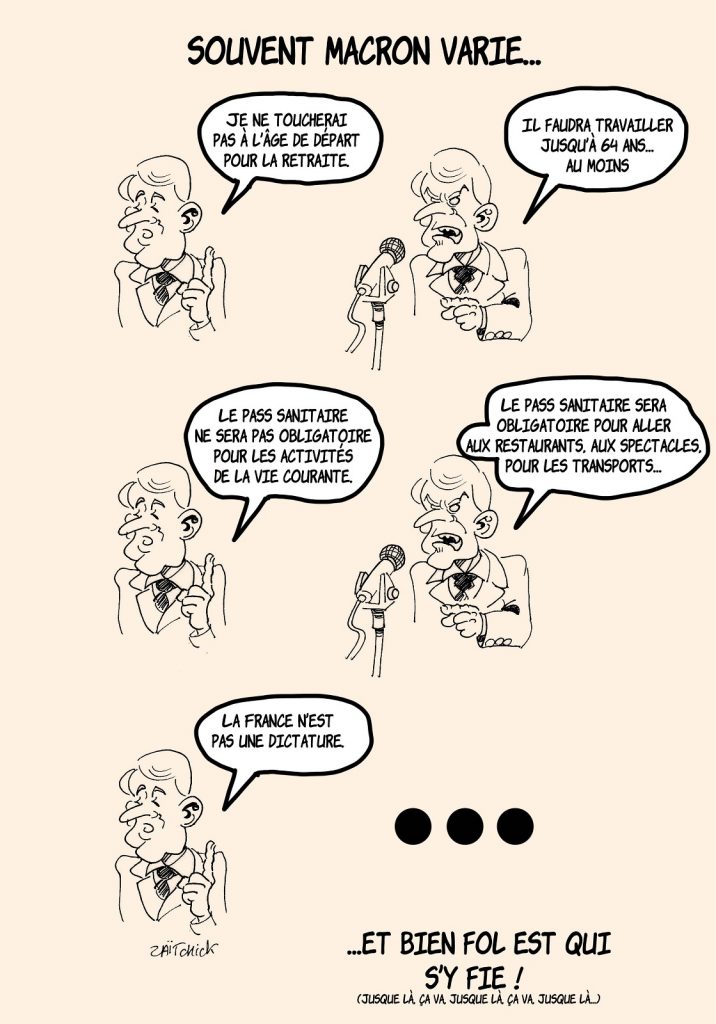 dessins humour pass sanitaire coronavirus covid 19 image drôle Emmanuel Macron réformes retraites