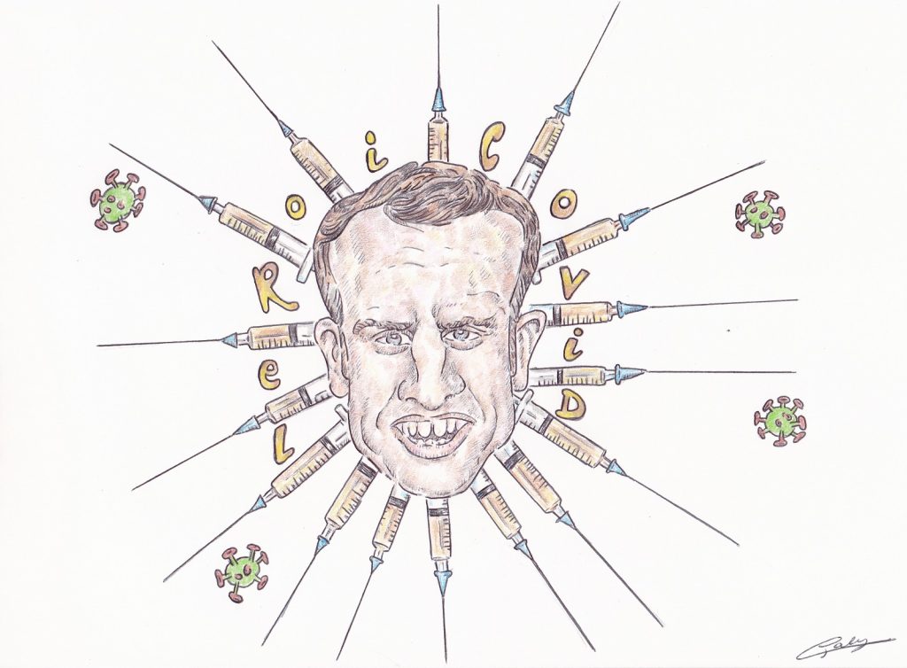 dessin presse humour coronavirus Emmanuel Macron image drôle roi covid pass sanitaire