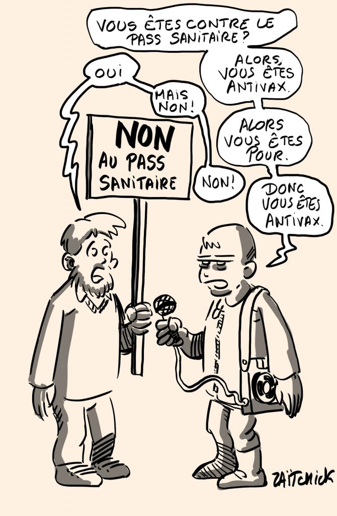 dessins humour coronavirus covid 19 pass sanitaire image drôle journaliste manifestation antivax