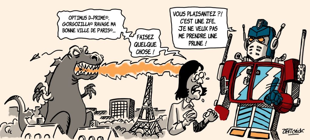 dessins humour Anne Hidalgo Godzilla image drôle Optimus Prime ZFE Paris