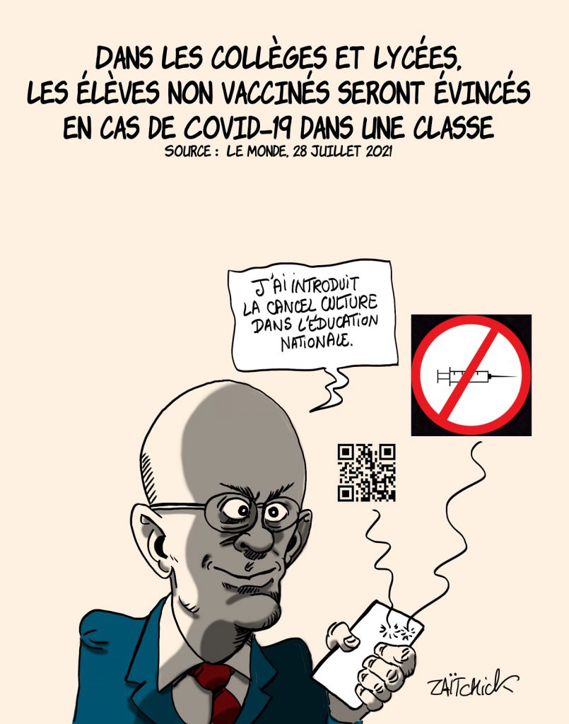 dessins humour vaccination coronavirus Jean-Michel Blanquer image drôle exclusion collégiens lycéen non vaccinés cancel culture