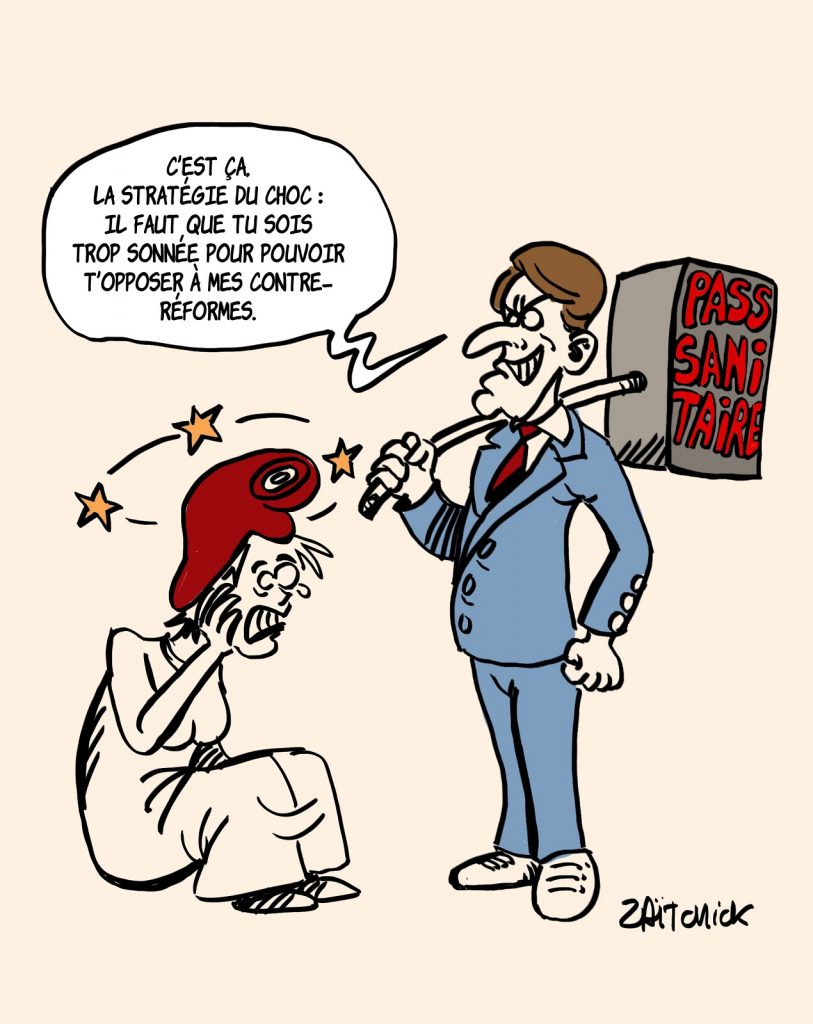 dessins humour pass sanitaire coronavirus covid 19 image drôle stratégie choc Emmanuel Macron réformes