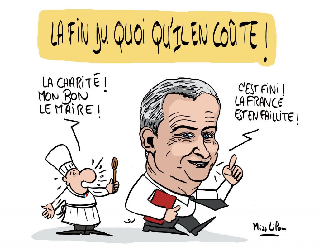 dessin presse humour coronavirus quoi qu’il en coûte image drôle Bruno Le Maire faillite