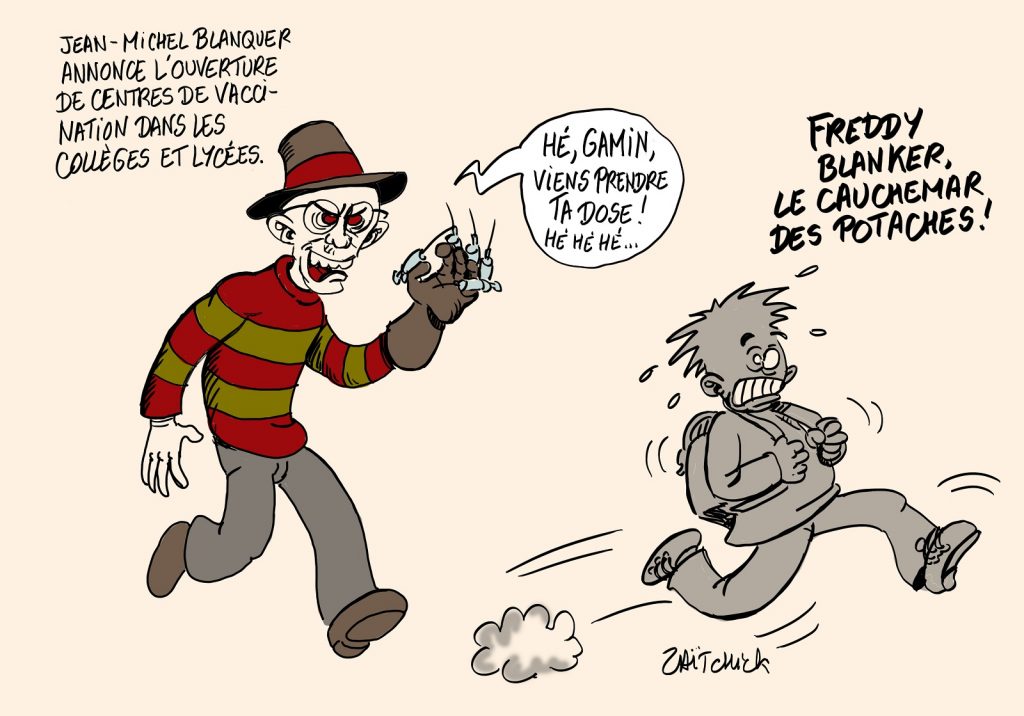 dessins humour coronavirus covid 19 centre vaccination image drôle Jean-Michel Blanquer collège lycée Freddy Krueger