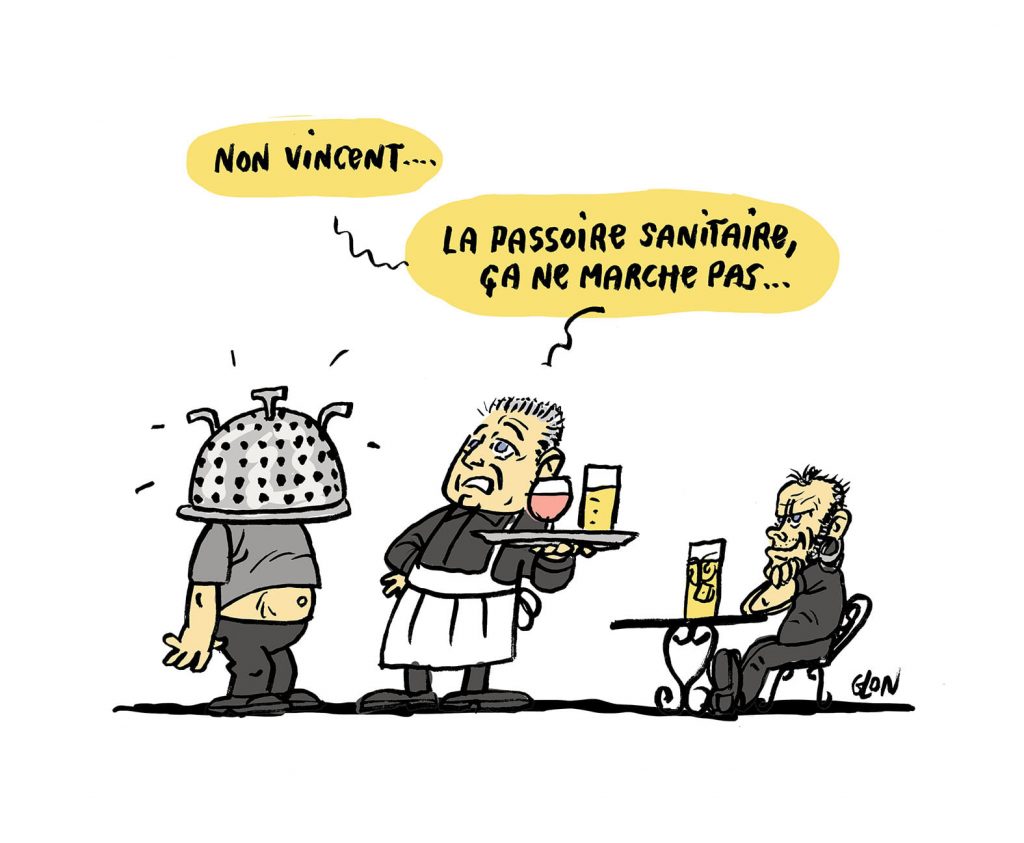 dessin presse humour coronavirus covid 19 pass sanitaire QR code image drôle apéro terrasse passoire sanitaire