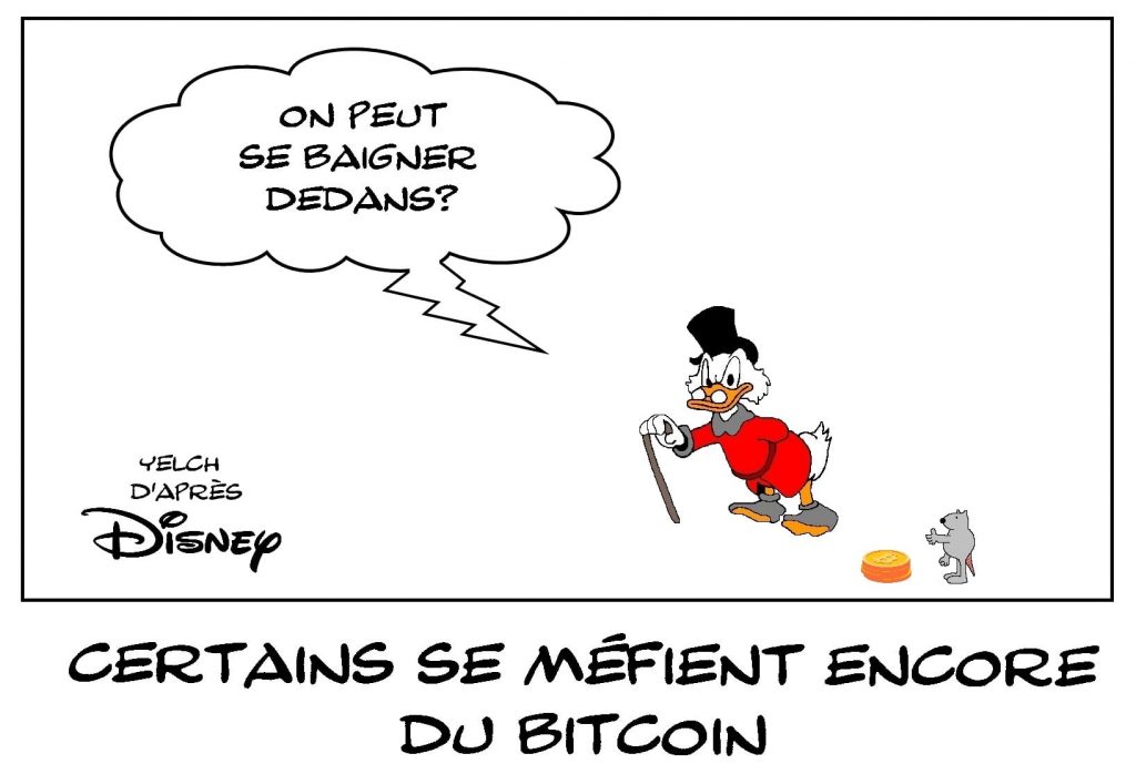 dessins humour Bitcoin méfiance image drôle Picsou bain