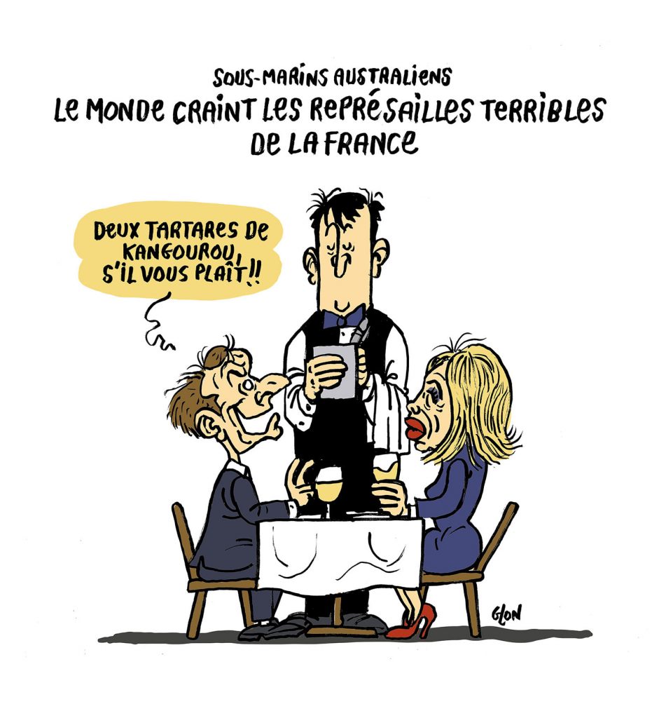 dessin presse humour Emmanuel Macron représailles kangourou image drôle sous-marins australiens