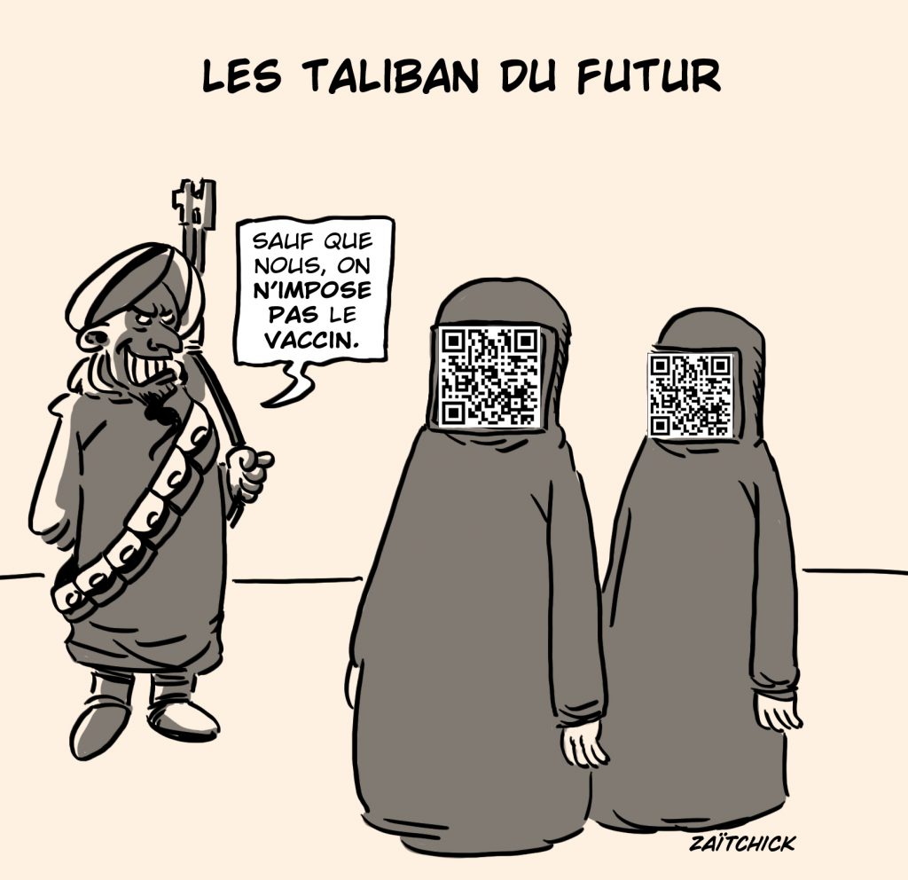 dessin presse humour Afghanistan Taliban image drôle coronavirus QR code vaccin