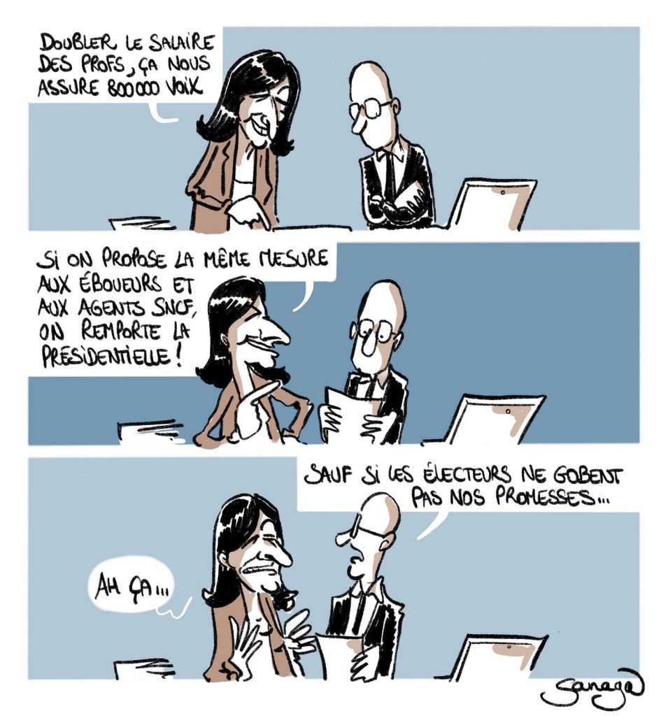 dessin presse humour Anne Hidalgo promesses électorales image drôle doublement salaires professeurs