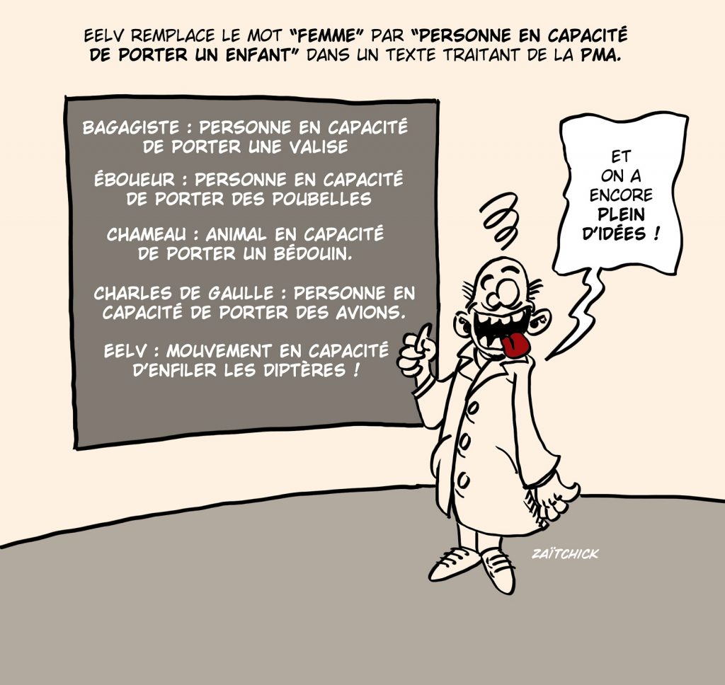 dessin presse humour EELV remplacement femmes image drôle personne en capacité de porter des enfants