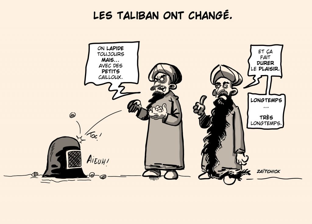 dessin presse humour Afghanistan Talibans changement image drôle lapidation petits cailloux