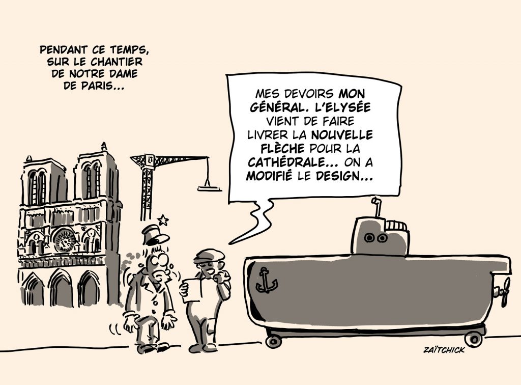 dessin presse humour sous-marins Australie image drôle flèche Notre-Dame de Paris