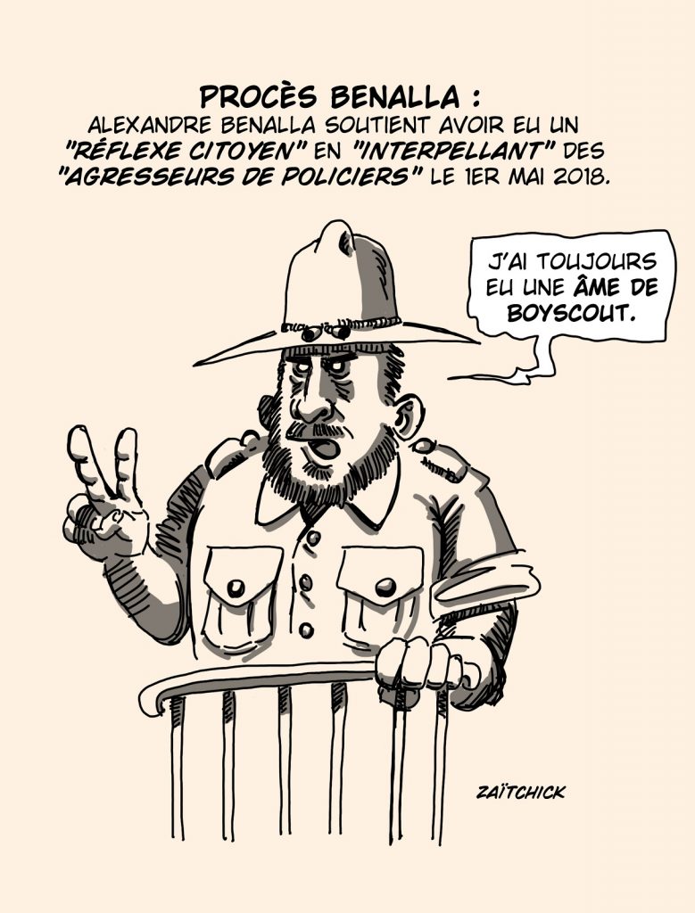 dessin presse humour procès Alexandre Benalla image drôle réflexe citoyen boyscout