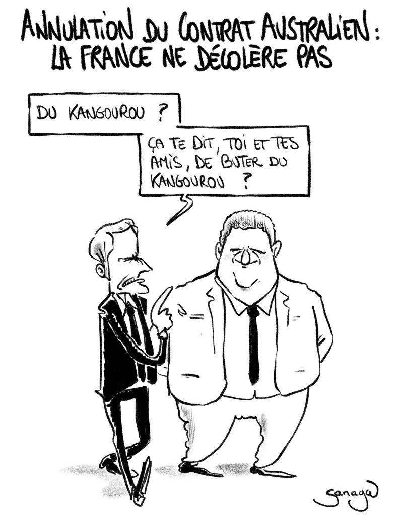 dessin presse humour Emmanuel Macron Willy Schraen image drôle sous-marins australien kangourous