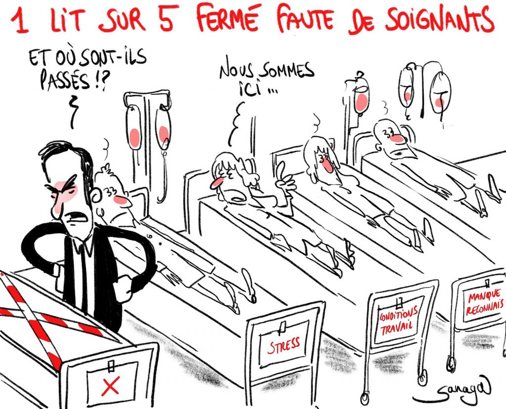 dessin presse humour Olivier Véran image drôle hôpital fermeture lit soignants