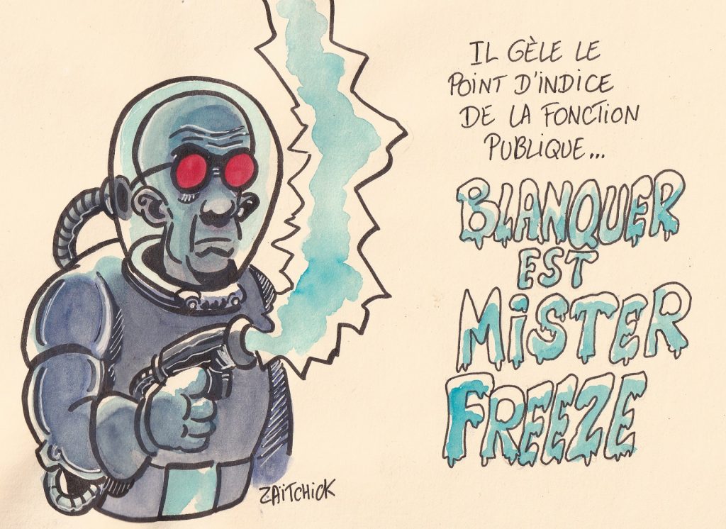 dessin presse humour Jean-Michel Blanquer Mister Freeze image drôle gel point d’indice fonction publique