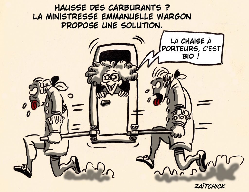 dessin presse humour solution hausse carburant image drôle Emmanuelle Wargon chaise porteurs