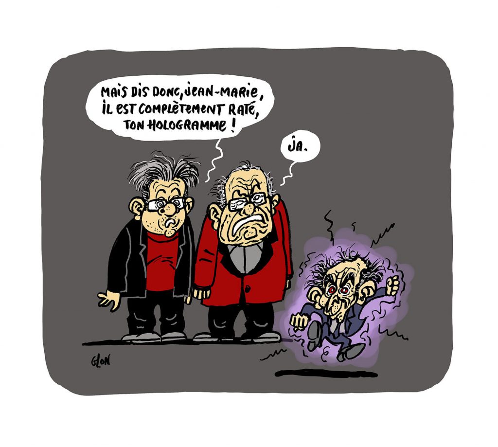 dessin presse humour Éric Zemmour hologramme image drôle Jean-Luc Mélenchon Jean-Marie Le Pen