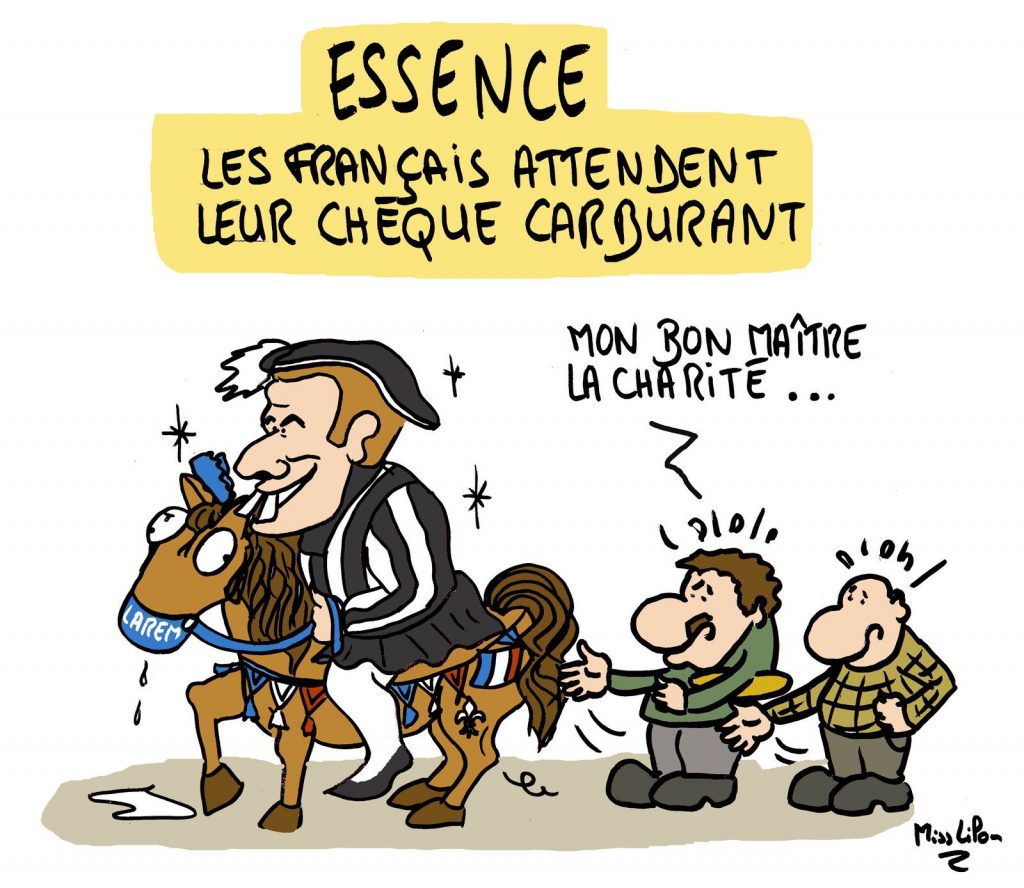 dessin presse humour Emmanuel Macron chèque carburant image drôle prime inflation