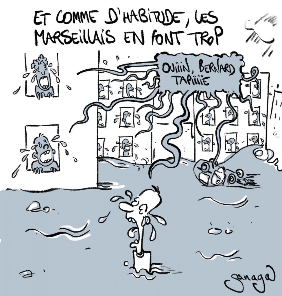 dessin d'actualité de Sanaga sur la mort de Bernard Tapie et les inondations à Marseille