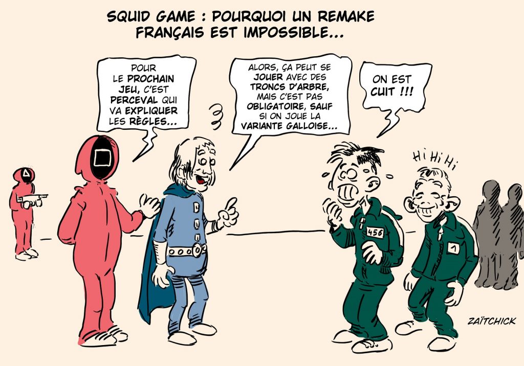 dessin presse humour Squid Games remake français image drôle Kaamelott Perceval