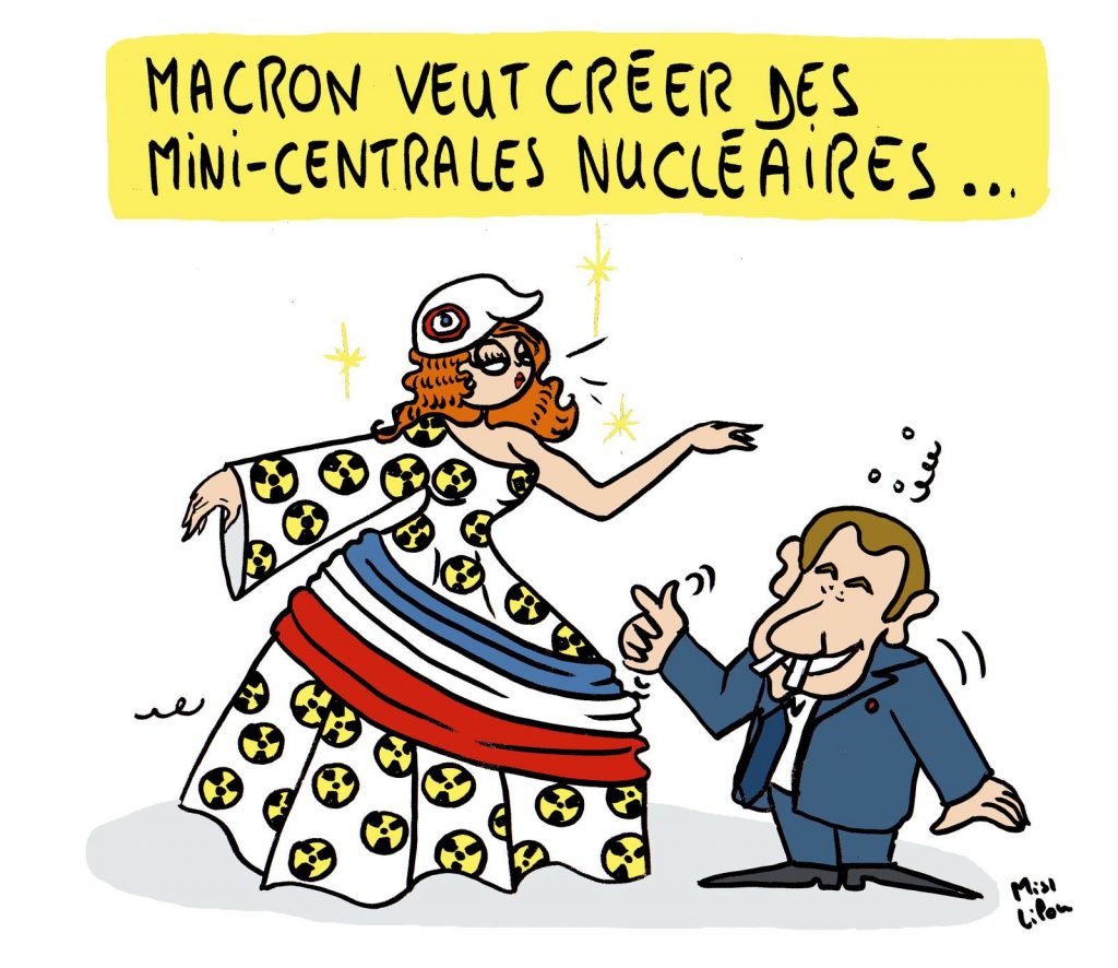 dessin presse humour Emmanuel Macron France 2030 image drôle mini-centrales nucléaires