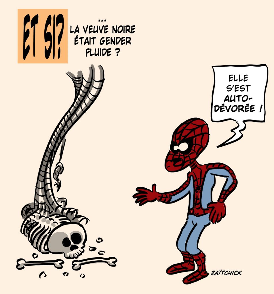 dessin presse humour Marvel transgenre image drôle Spider-Man Veuve Noire