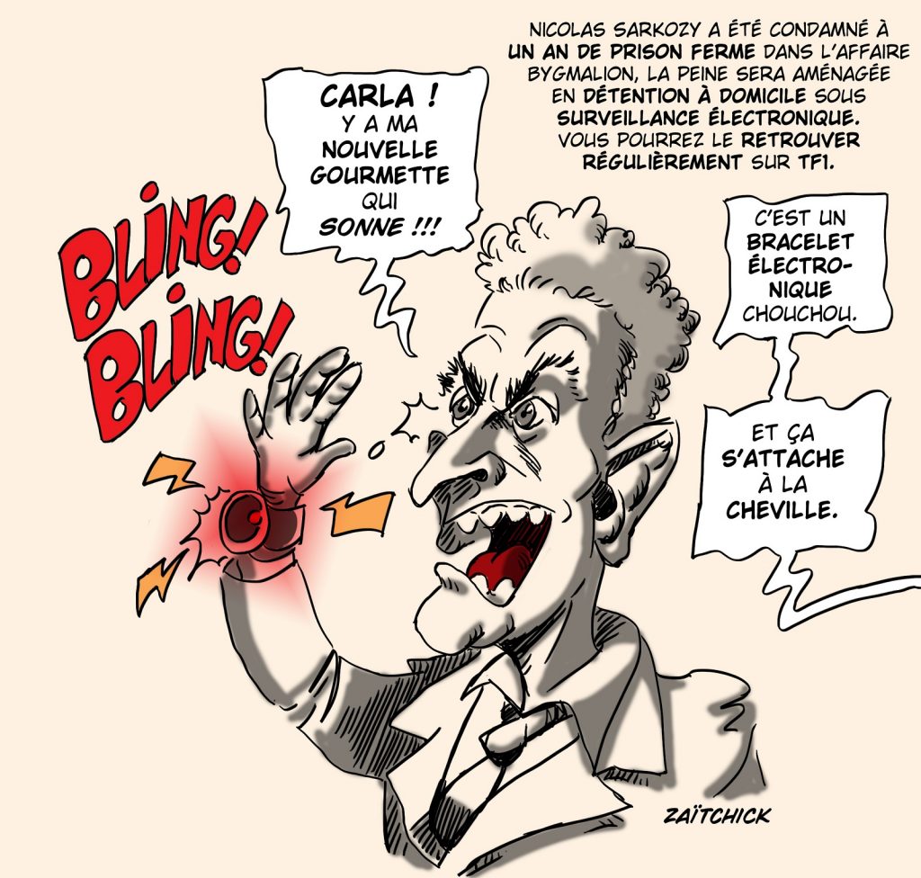 dessin presse humour Nicolas Sarkozy image drôle aménagement peine bracelet électronique