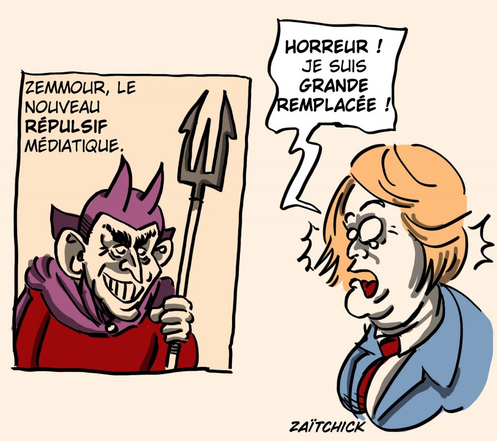 dessin presse humour Éric Zemmour grand remplacement image drôle Marine Le Pen présidentielle 2022